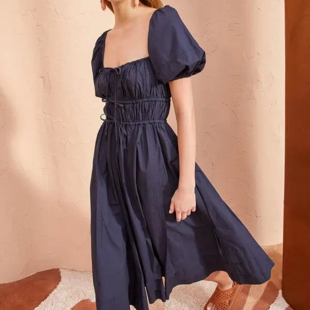 Ulla Johnson Navy Puff-Sleeve Midi Dress